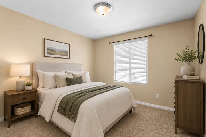 Neutral-toned walls complement the textured carpeting.  AI staged photo.