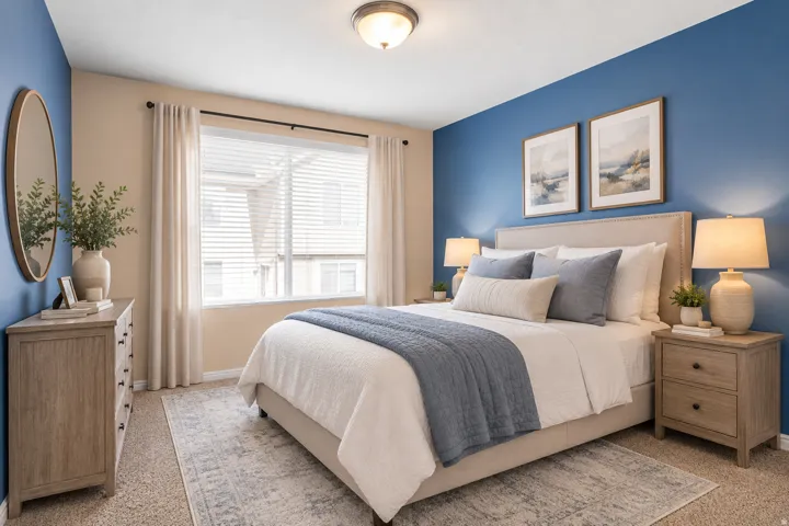 Neutral tone walls with an accent wall, window with blinds and drapes, and an upholstered headboard. AI staged photo.