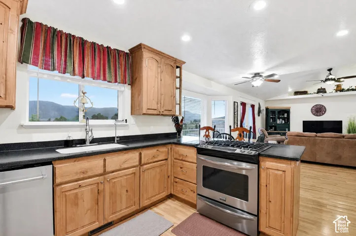 Kitchen featuring wood cabinetry, stainless steel appliances, dark countertops, and recessed lighting