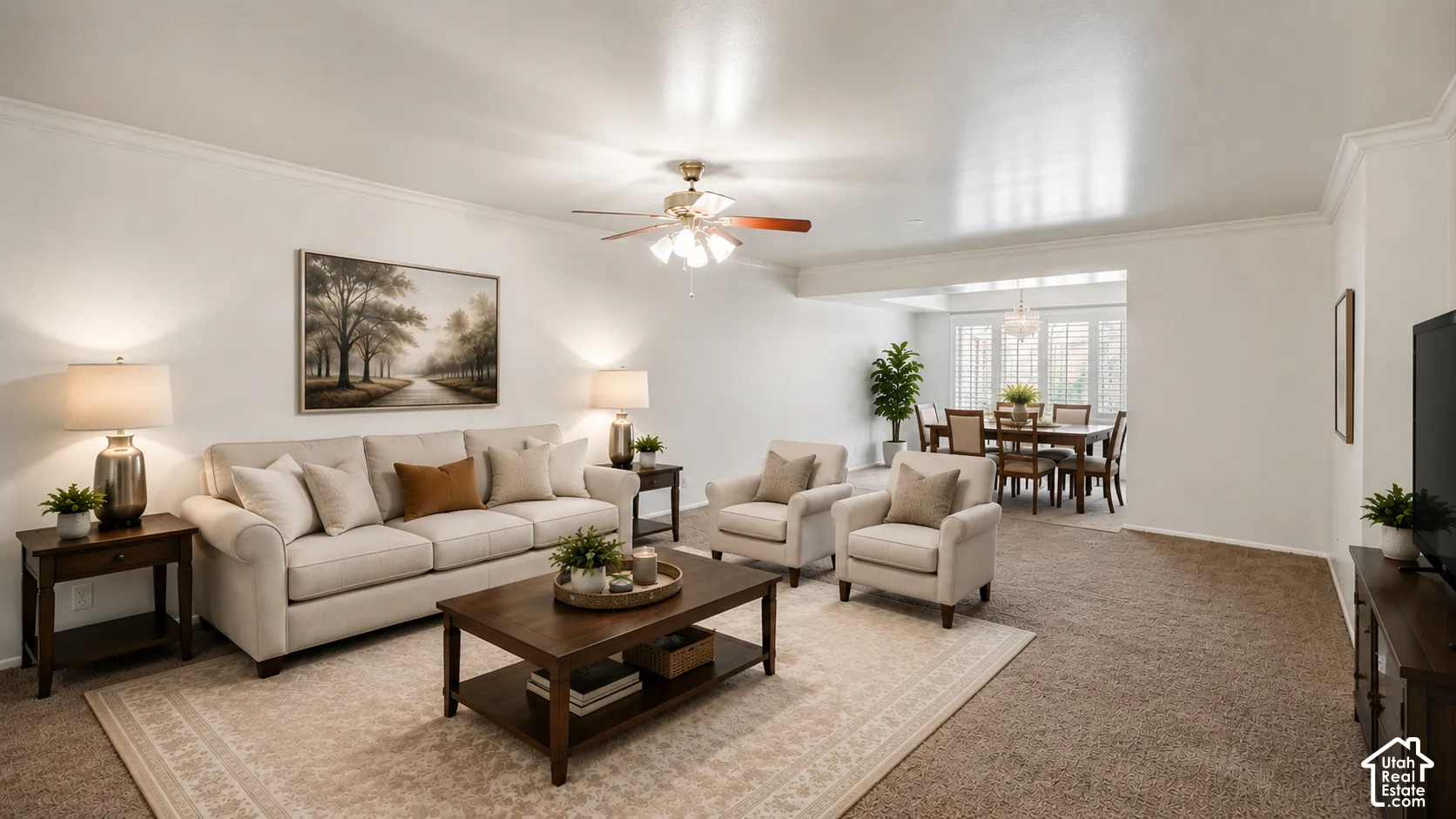 AI Open-concept living space featuring crown molding and recessed lighting