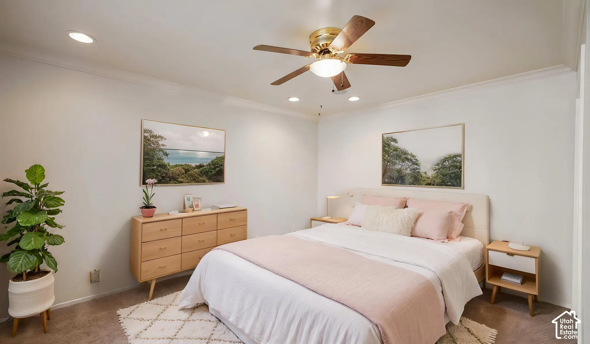 AI Neutral-toned walls complemented by recessed lighting and crown molding