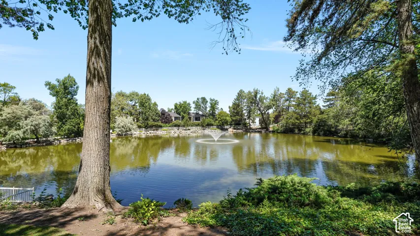 Expansive pond with a central fountain feature, surrounded by mature trees and lush greenery