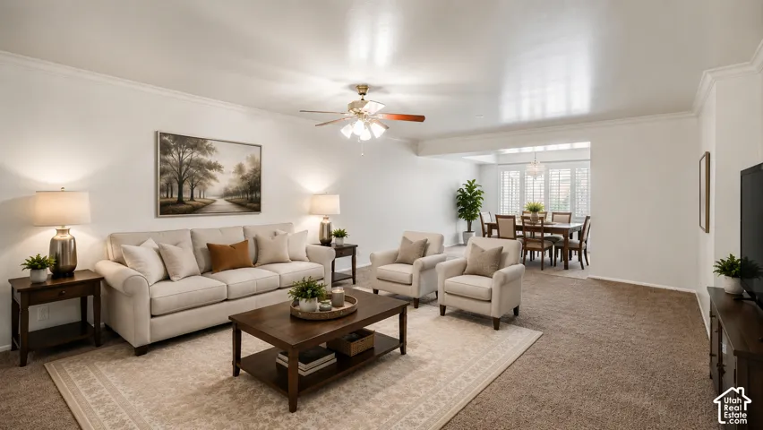 AI Open-concept living space featuring crown molding and recessed lighting
