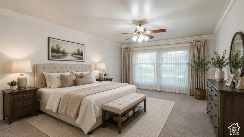 AI Spacious room featuring broad windows with sheer and opaque drapes, light-toned carpet flooring, a ceiling fan, and crown molding
