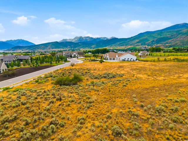Expansive undeveloped lot featuring natural shrubbery and a clear sky, with mountain ranges forming the distant backdrop