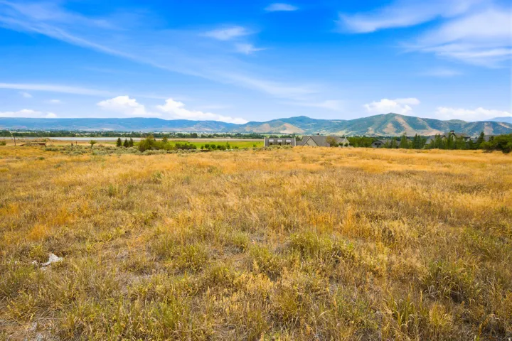 Expansive land parcel featuring natural grasses, distant mountains, and scattered residential properties