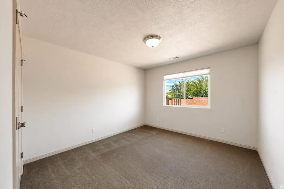 Room featuring neutral-toned carpeting, light-colored walls, a single window, and a flush-mount ceiling light fixture