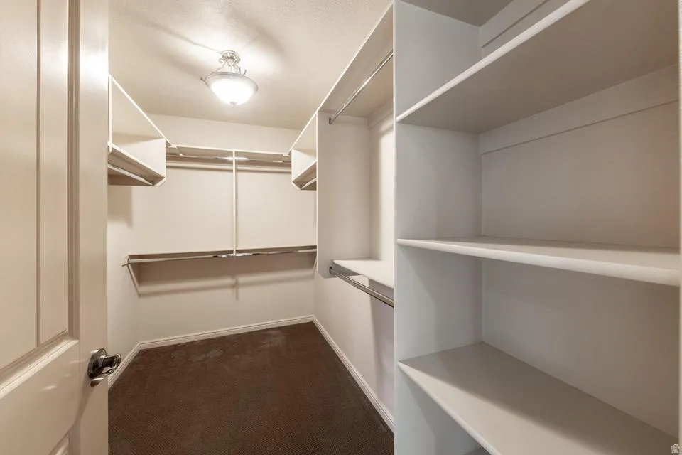 Walk-in closet featuring built-in shelving, multiple hanging rods, warm overhead lighting, and plush carpeting