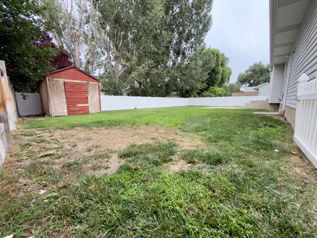 Large fenced backyard & shed