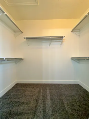 Large primary bedroom walk-in closet with multi-level shelving and hanging rods