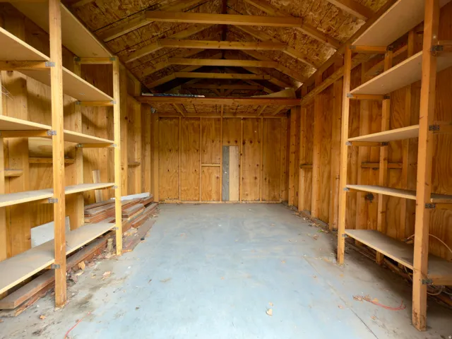 Inside the storage shed with lots of storage