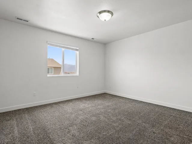 Carpeted room featuring a double-pane window with a light-filtering shade, a flush-mount ceiling light fixture, and white baseboards