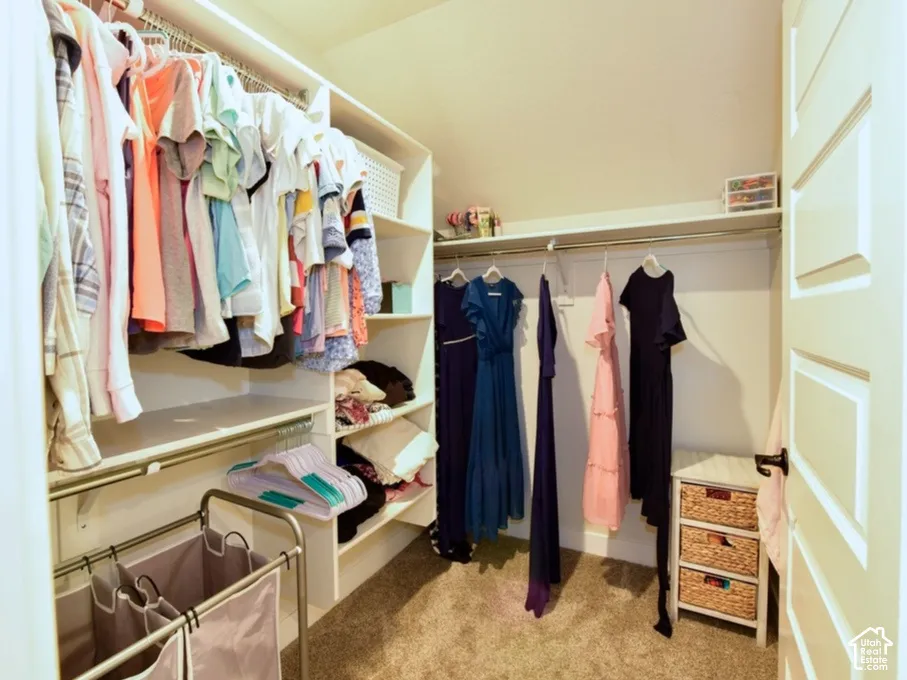 Walk-in closet featuring built-in shelving, multiple hanging rods, and carpet flooring