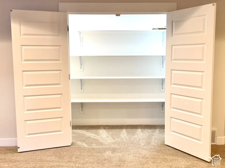 Double panel doors opening to a built-in closet with three shelving units