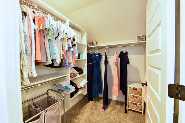 Walk-in closet featuring built-in shelving, multiple hanging rods, and carpet flooring