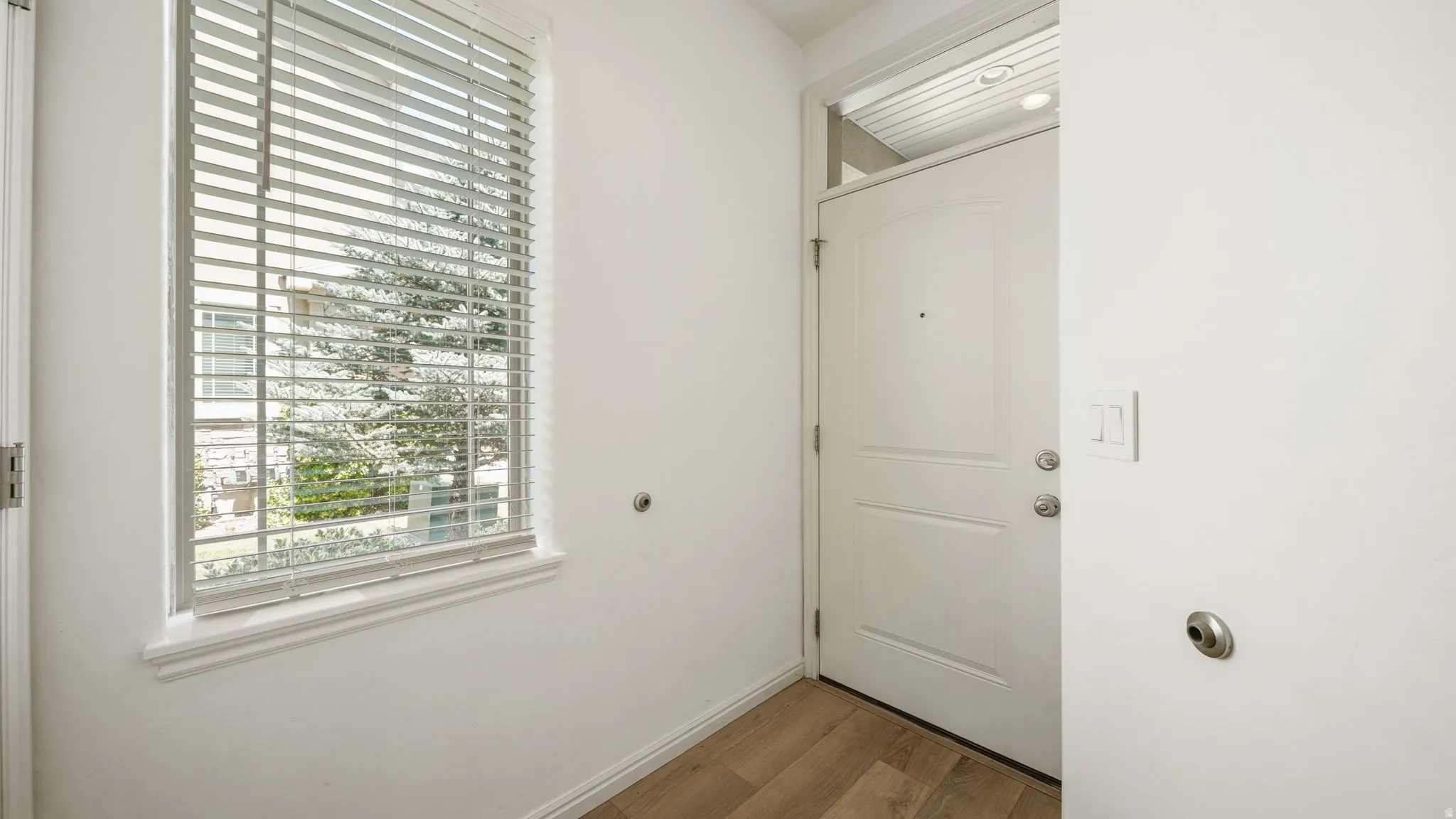 Entryway featuring a paneled door with a transom window, wood-finish flooring, and a window with horizontal blinds