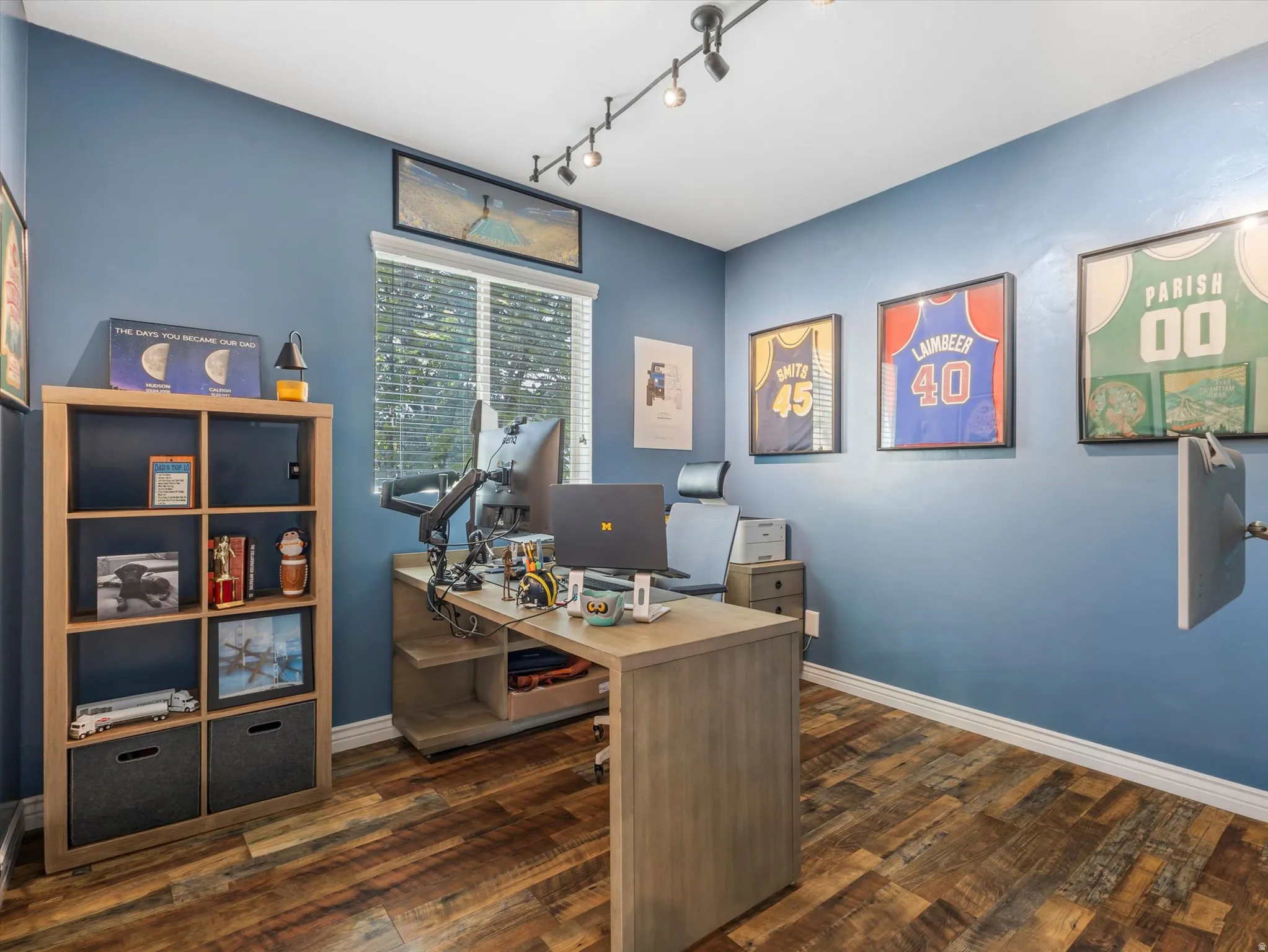 Spacious room featuring wood-finish flooring, blue painted walls, and white baseboards