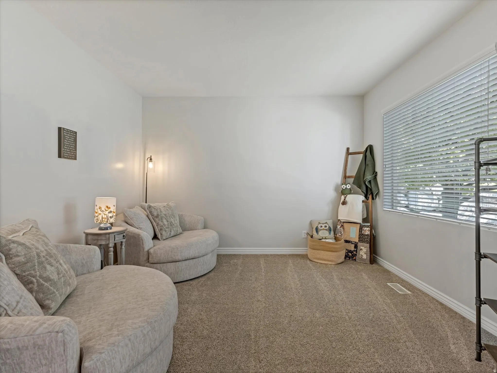 Spacious room featuring neutral carpeting, light gray walls, a large window with horizontal blinds, and white baseboards