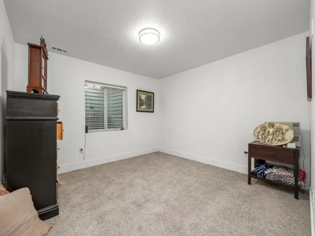Carpeted room featuring white walls, a single window with blinds, and a flush-mount ceiling light fixture