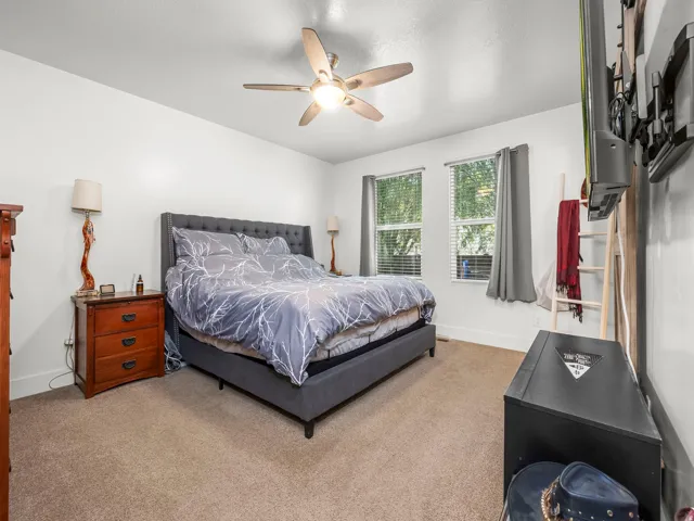 Carpeted room featuring a ceiling fan with integrated lighting, two windows with blinds and curtains, and white walls