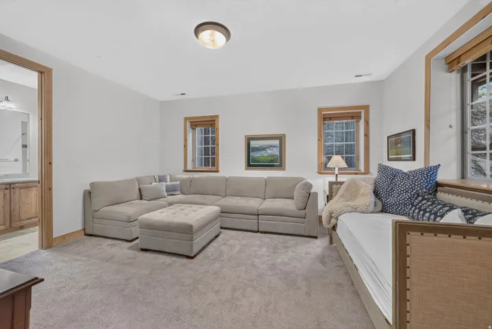 Carpeted recreation room featuring white walls, three windows with natural wood trim, and a flush-mount ceiling light