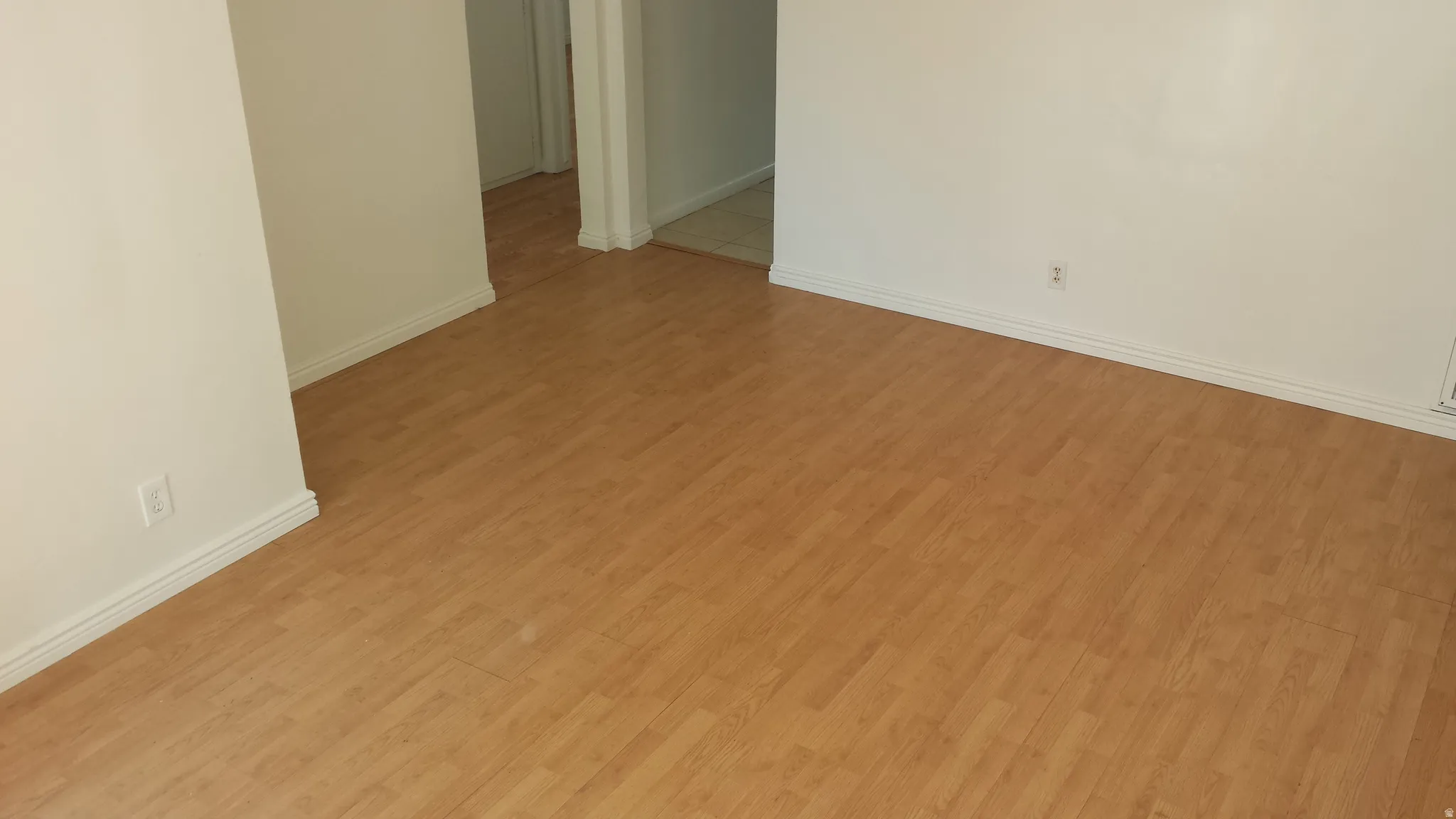 Light wood-finish flooring extending throughout the space