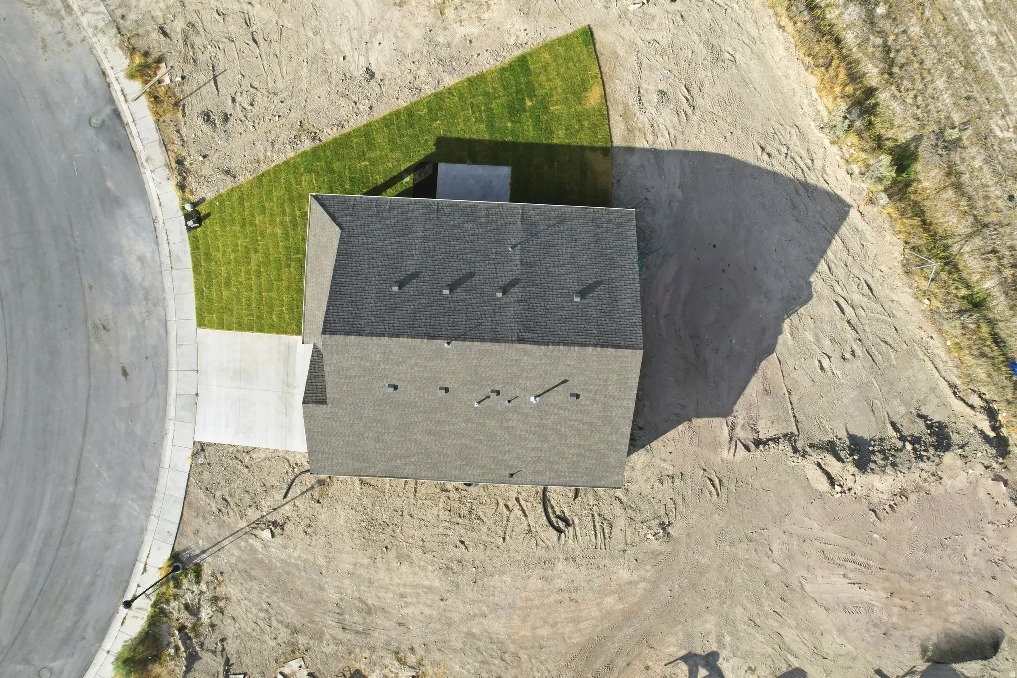 New construction single-family residence featuring a dark shingle roof, a concrete driveway, and a partially installed sod lawn
