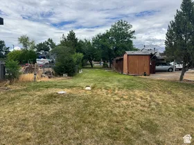 Expansive grassy lawn with established perimeter trees and a wood-sided storage shed