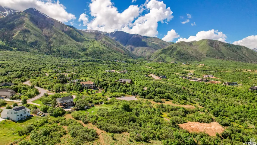 Expansive mountainous backdrop featuring lush green foliage and scattered residential properties