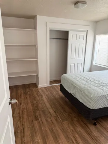 Spacious room featuring wood-finish flooring, an integrated shelving unit, and a closet with sliding panel doors