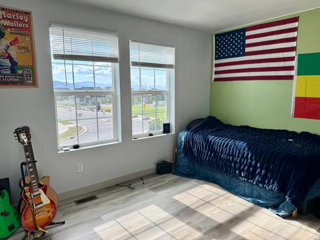 Room featuring two windows with horizontal blinds, light wood-finish flooring, and light green accent wall