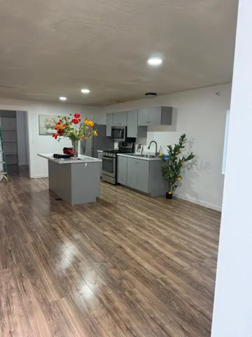 Open-concept kitchen with wood-finish flooring, recessed lighting, gray cabinetry, and a kitchen island with seating