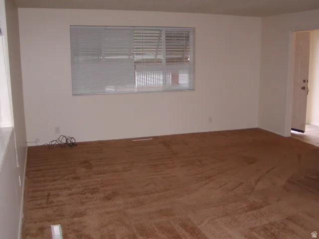Spacious living area featuring neutral wall paint, brown carpet flooring, and a large window with horizontal blinds
