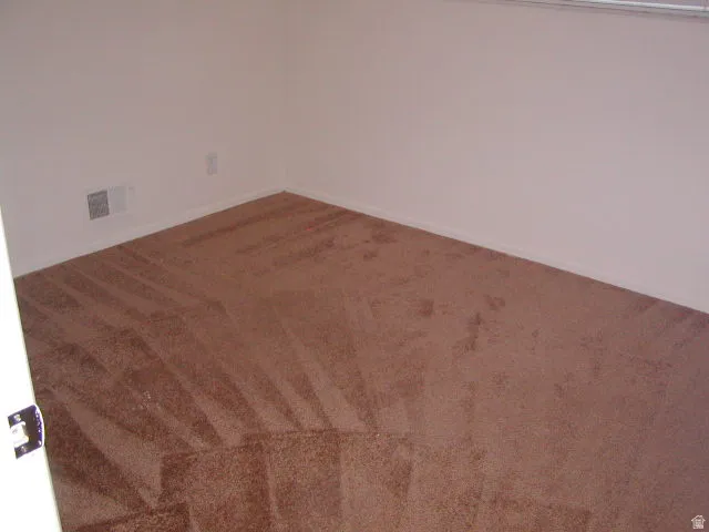 Neutral-toned carpeting paired with white walls, baseboards, and a visible electrical outlet