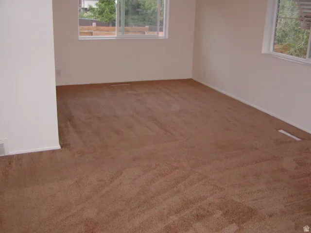 Light brown carpeting throughout a spacious room with white walls