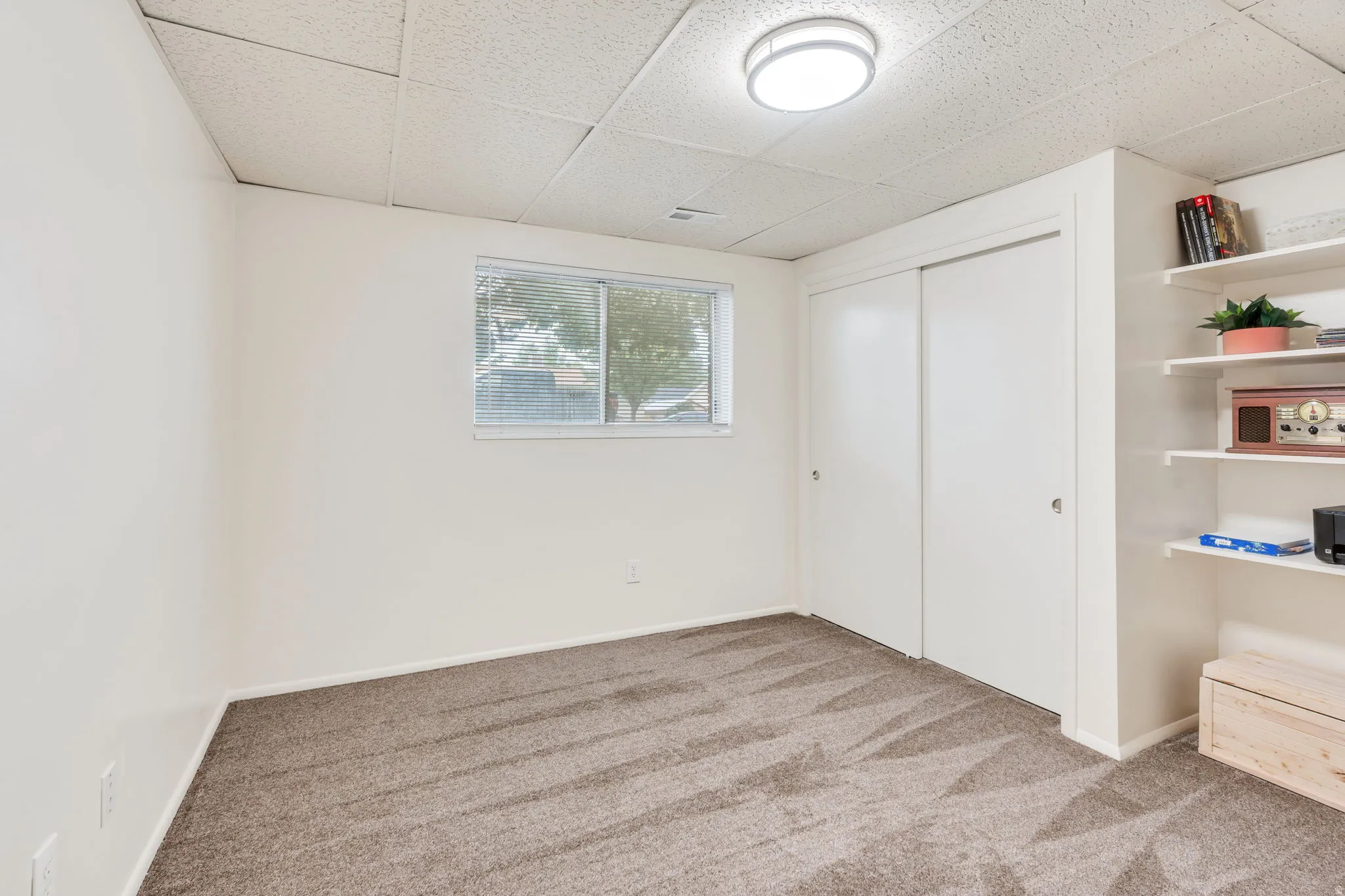 Interior room featuring soft carpet flooring, white walls, and a drop ceiling