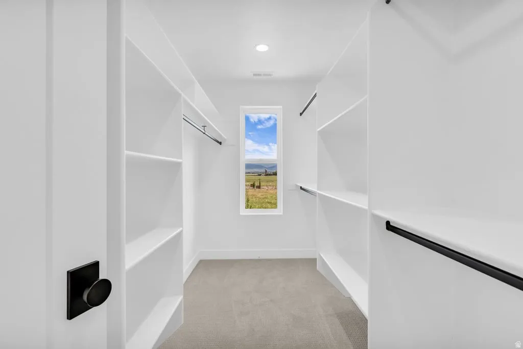 Walk-in closet featuring built-in shelving, hanging rods, and a window for natural light