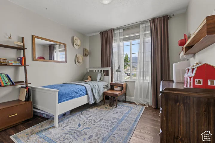 Bedroom featuring wood-finish flooring, a double-paned window with mountain scenery, and light gray wall paint