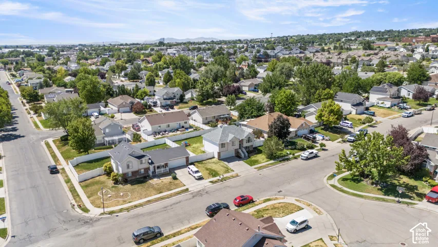 Aerial perspective showcasing residential neighborhood streets with numerous single-family homes, mature trees, and a distant mountain range