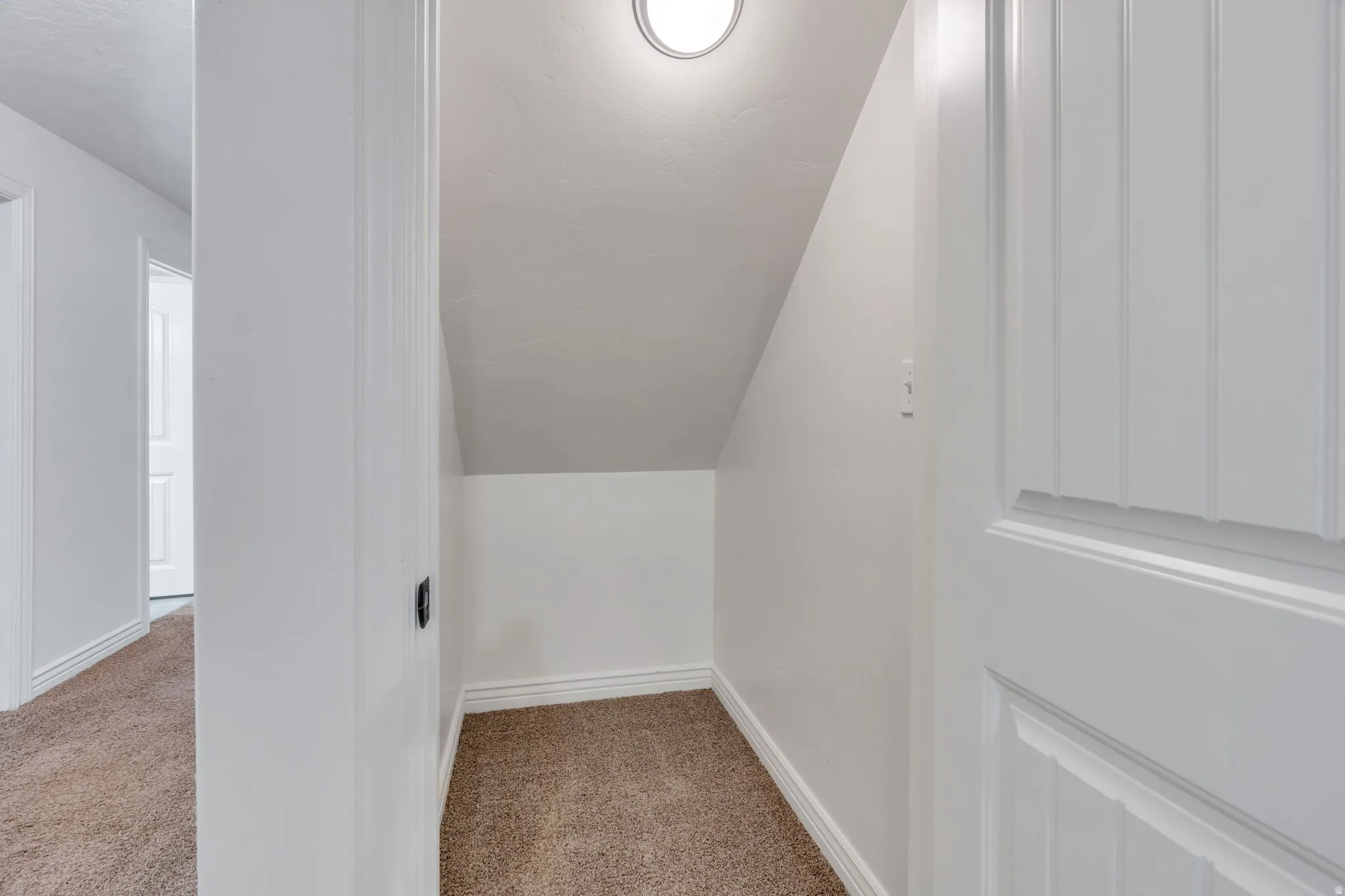 Carpeted storage alcove with recessed ceiling light and white painted walls