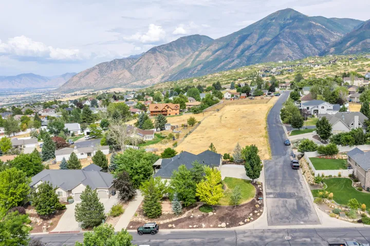 Expansive land parcel featuring a gentle slope, surrounded by established residential areas and mature trees, with mountain scenery in the background