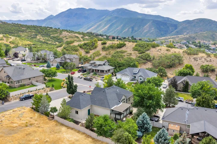 Residential neighborhood with mature trees and mountain scenery