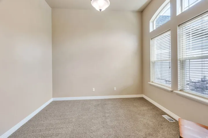 Vaulted ceiling, arched transom windows, two large windows with blinds, neutral carpet flooring, and light-toned wall paint