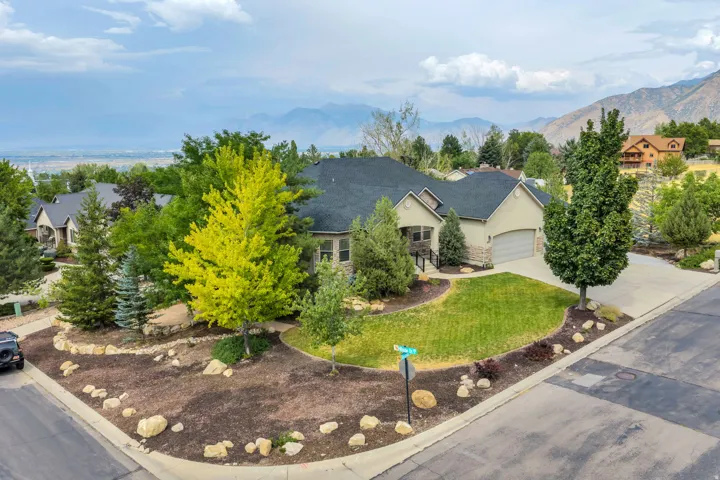 Contemporary stucco exterior with stone accents, a dark shingle roof, attached garage, and landscaped front yard with mature trees