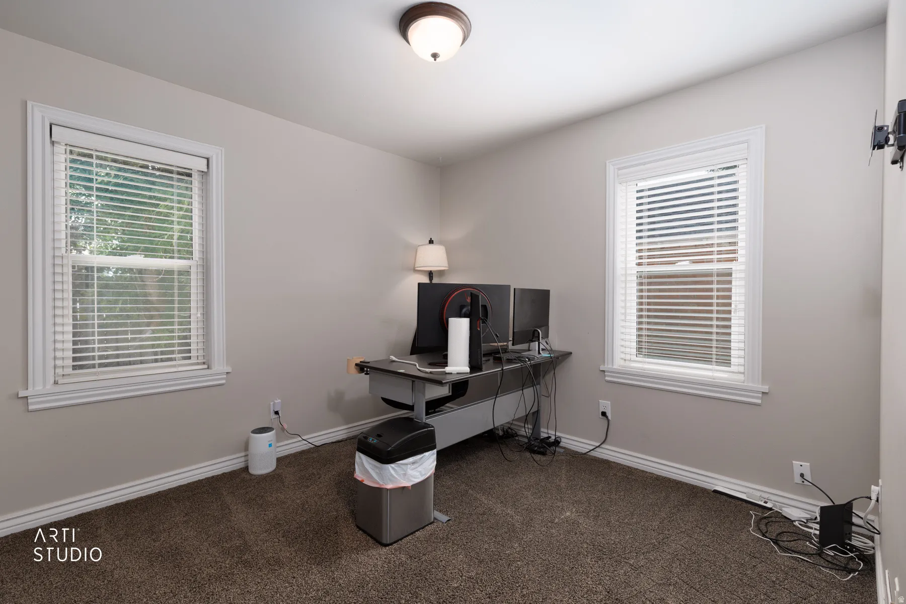 Carpeted room featuring two windows with white blinds, neutral wall tones, and white trim