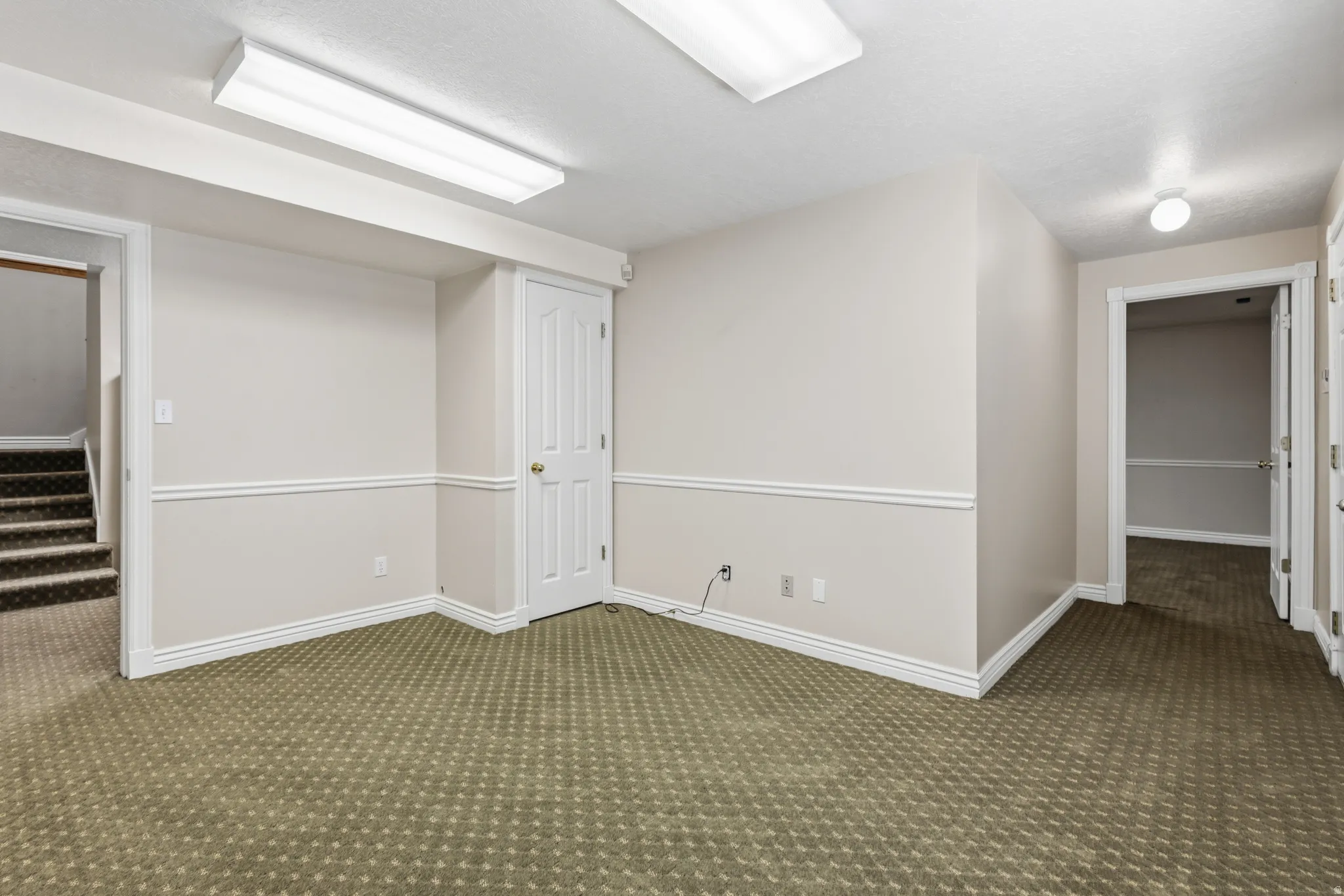 Carpeted room with neutral wall tones and white wainscoting