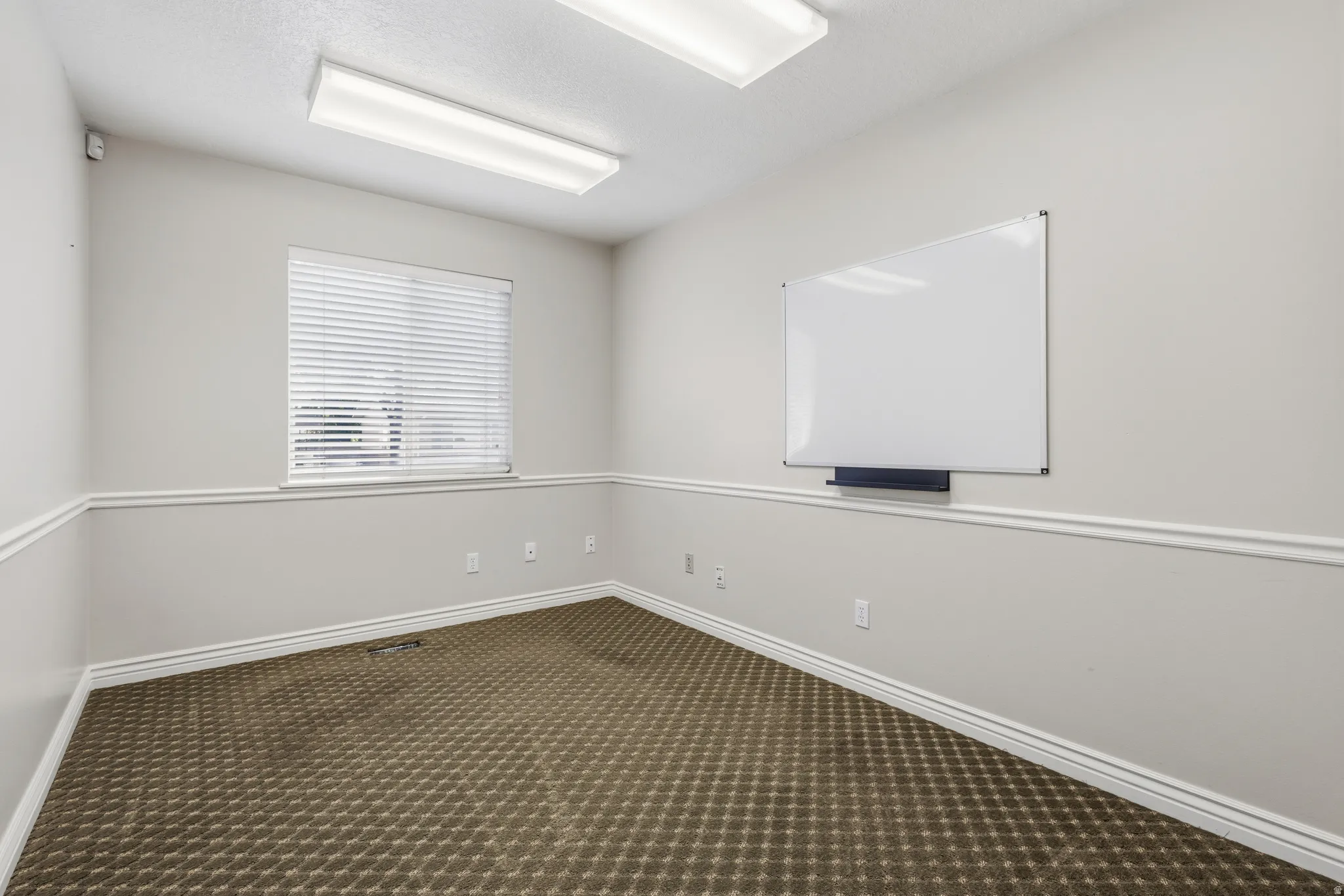 Neutral wall paint with chair rail molding and textured carpet flooring