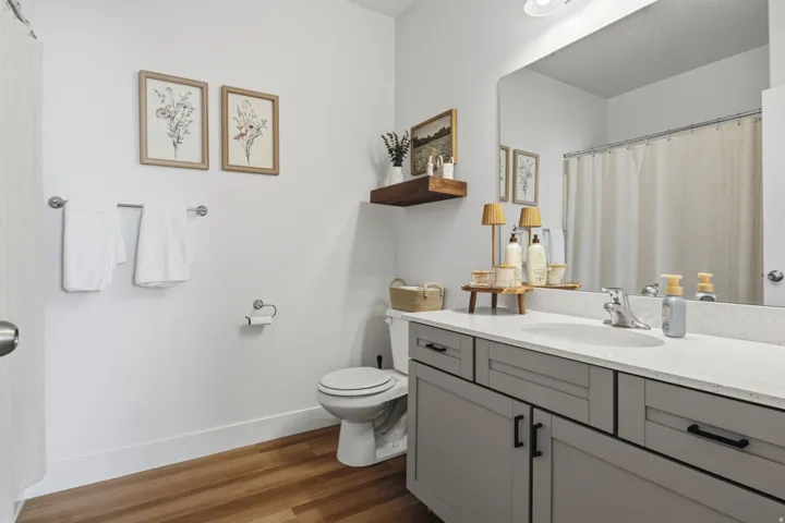 Contemporary bathroom with wood-finish flooring, a white toilet, and a light gray vanity featuring a white countertop and integrated sink