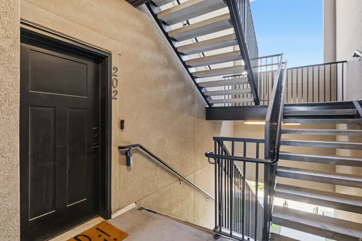 Entry door with panel detailing and modern house numbers