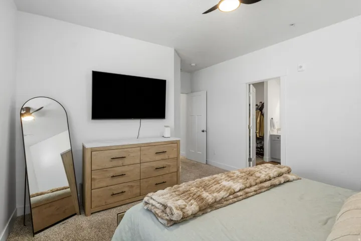 Carpeted bedroom featuring a ceiling fan, a contemporary television mount, and a paneled door providing access to a separate space with a vanity